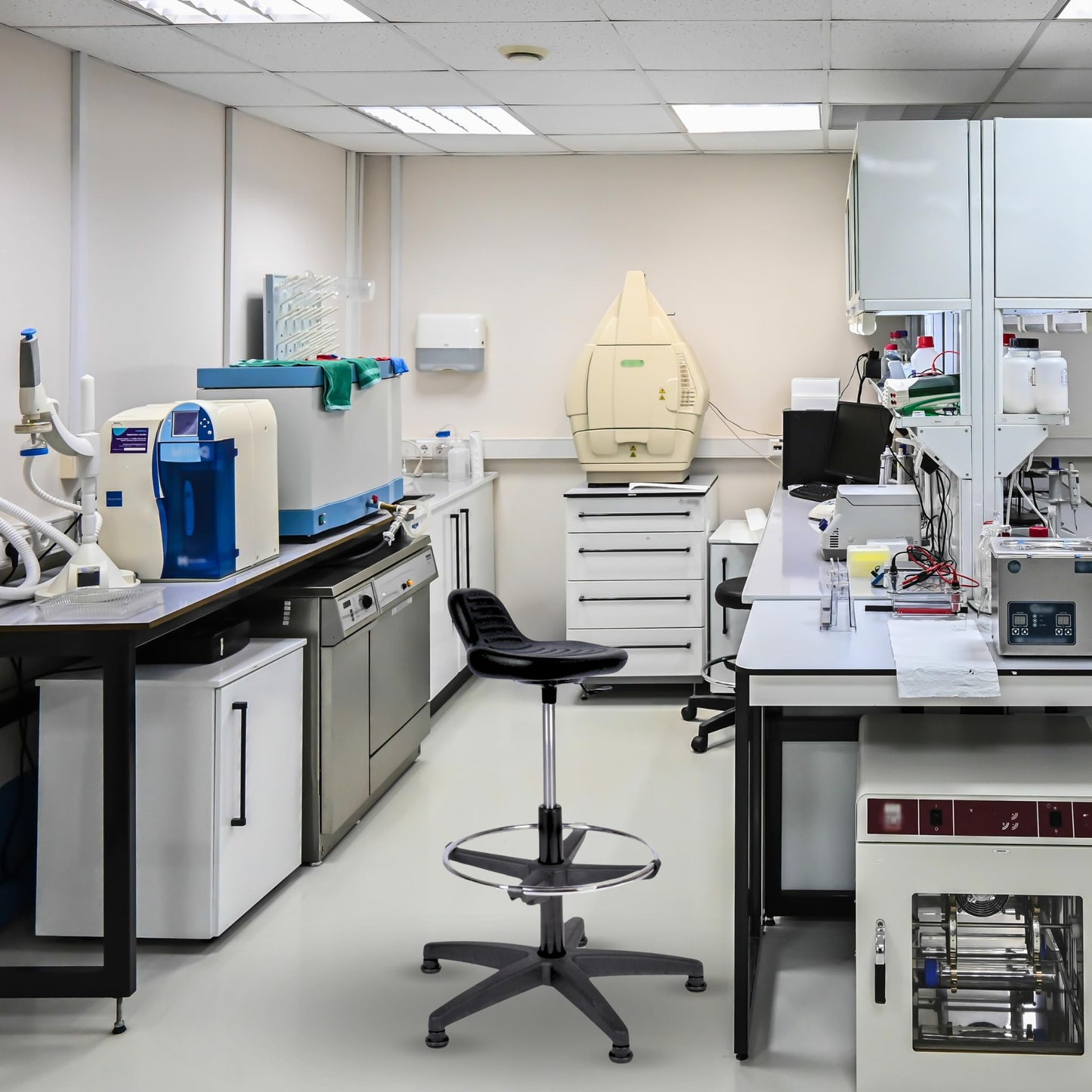 Topsit IND000014 Arbeitshocker Stehhilfe hoch mit Fußring zur Ablage, Abwischbar für Labor geeignet, Hartschaum Schwarz, 40 x 43 x 85 cm