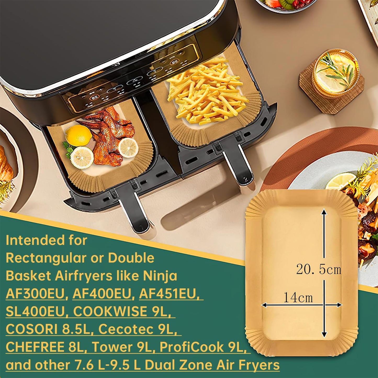 Backpapier für Heißluftfritteuse mit Doppelkammer, HONYAO 100 Stück 20,5x14cm Rechteckig Airfryer Papier Liners kompatibel mit Ninja Dual/Double Stack, und Anderen Dual Zone Air Fryer