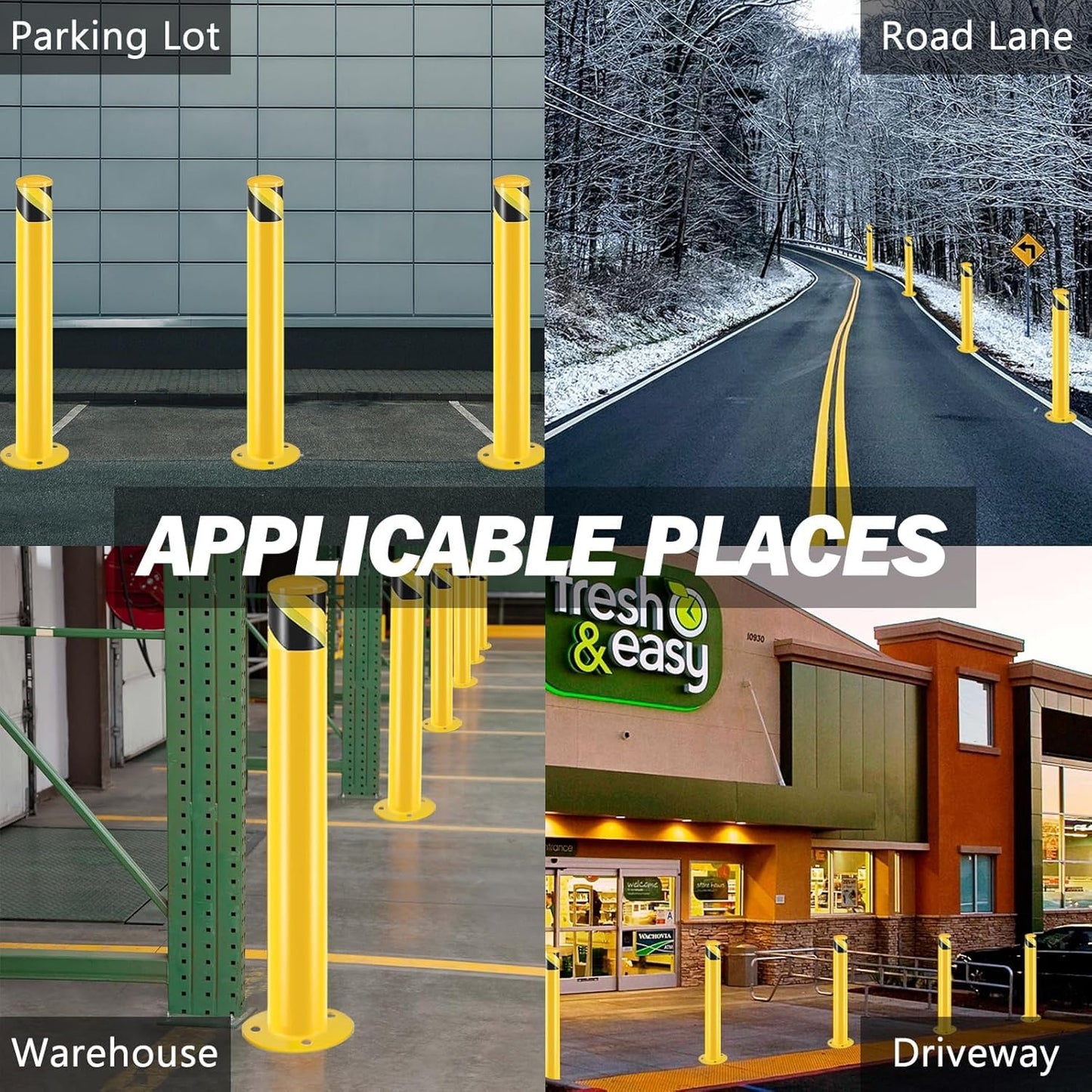 Sicherheitspoller 91cm, Gelber Pulverbeschichteter Stahlrohr-Pollerpfosten, Sicherheitsbarriere mit Ankerbolzen für Parkplätze, Fußgänger, Schulen, etc (3 Stück - 8,9 cm Durchmesser)