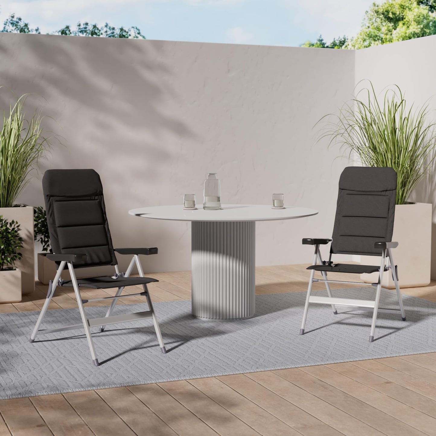 Nexos Trading 2er Set Premium Klappstuhl Relax-Stuhl Campingstuhl Klappsessel – für Garten Terrasse Balkon – klappbarer Gartenstuhl gepolstert Alu - schwarz grau