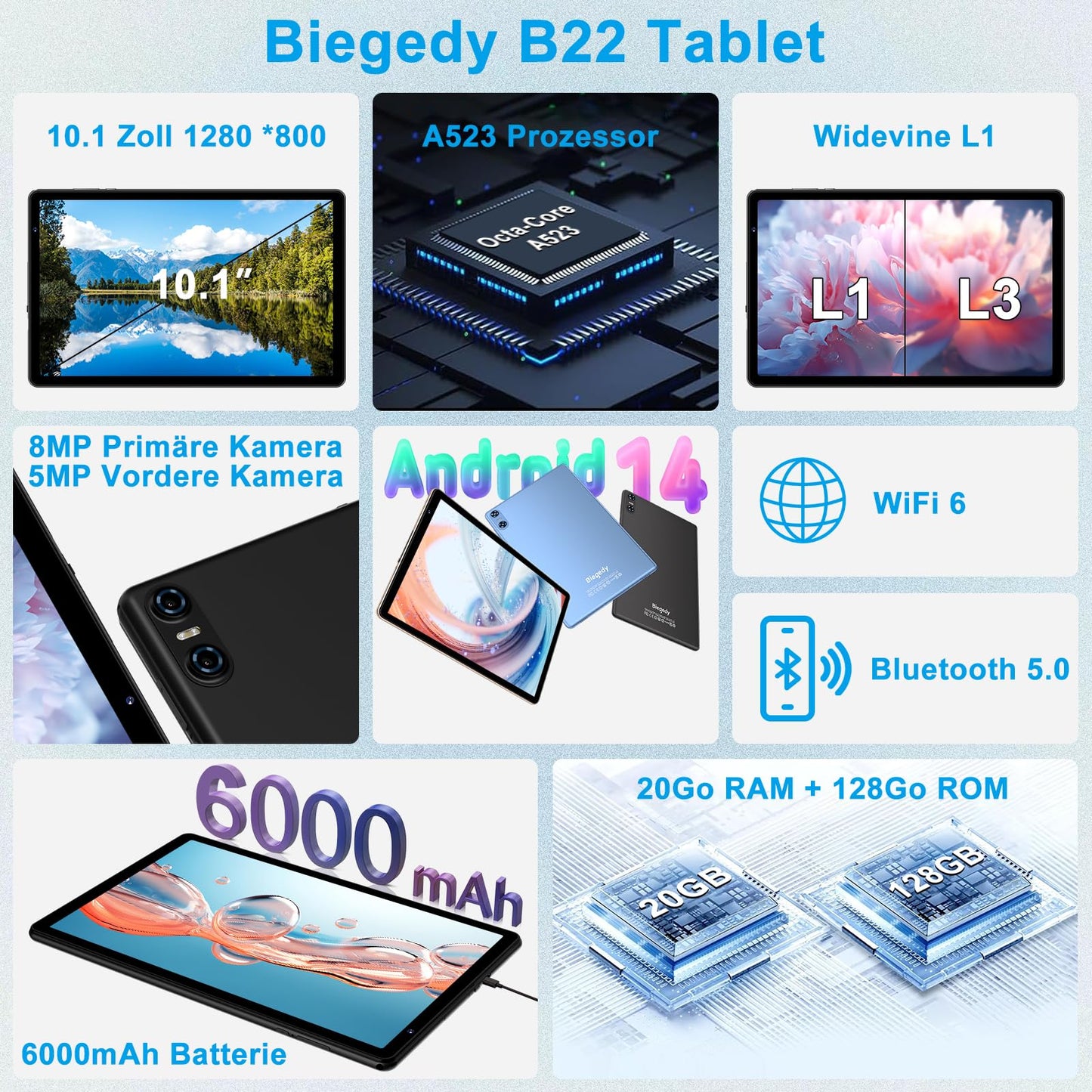 Biegedy Tablet 10 Zoll Android 14 Octa-Core,Tablet PC 20 GB RAM+128 GB ROM (TF1 TB),5G WLAN 6丨Widevine L1丨GMS丨6000mAh丨5MP+8MP丨Bluetooth 5.0丨1280 * 800丨Tablet mit Tastatur Maus Schwarz