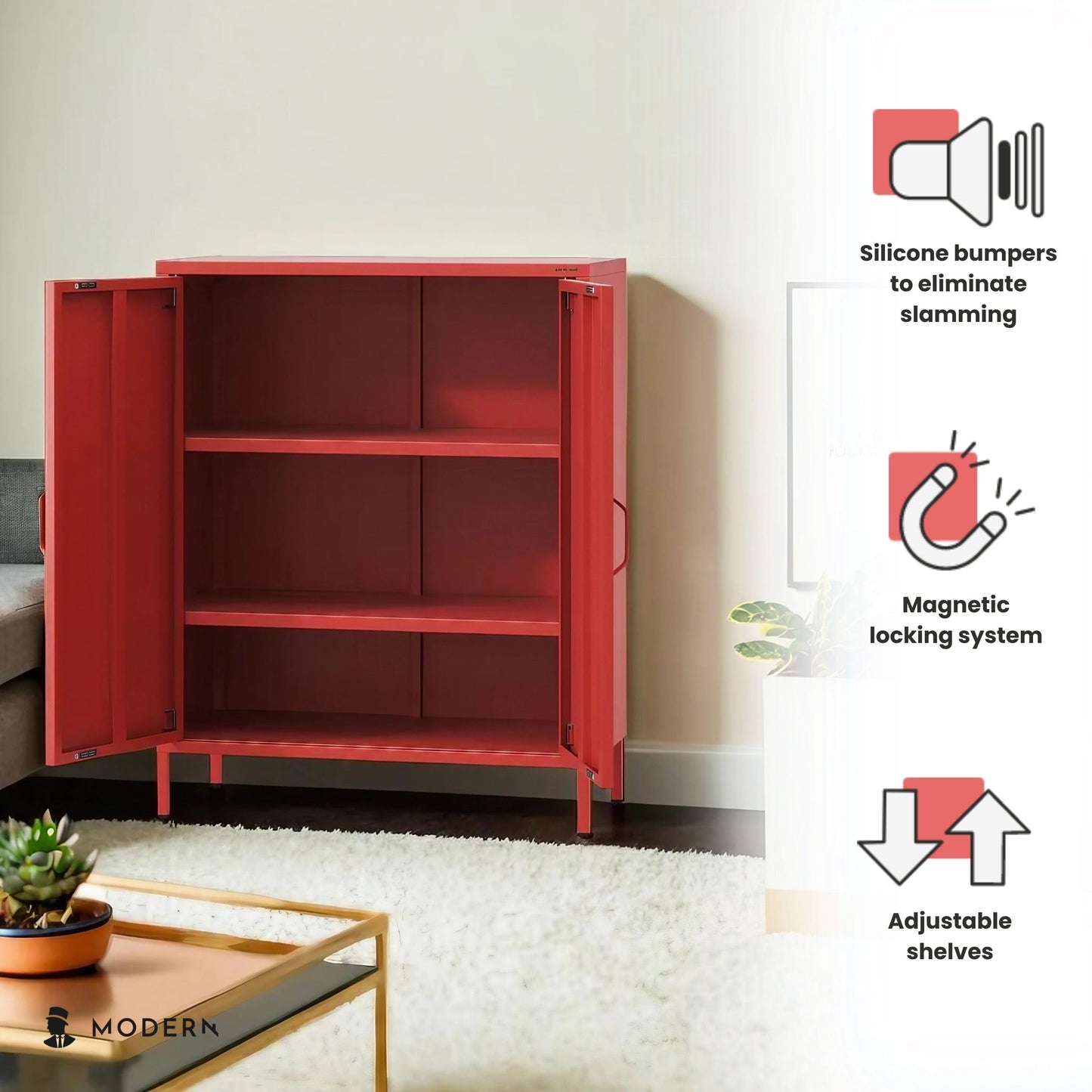 Jan Nowak Sideboard aus Metall, Kommode Glitzernd mit Doppeltür - VITO | Magnetverschluss, Verstellbare Einlegeböden | Highboard Wohnzimmer, Flur, Industriedesign | 80 x 101,5 x 40 cm | Rot