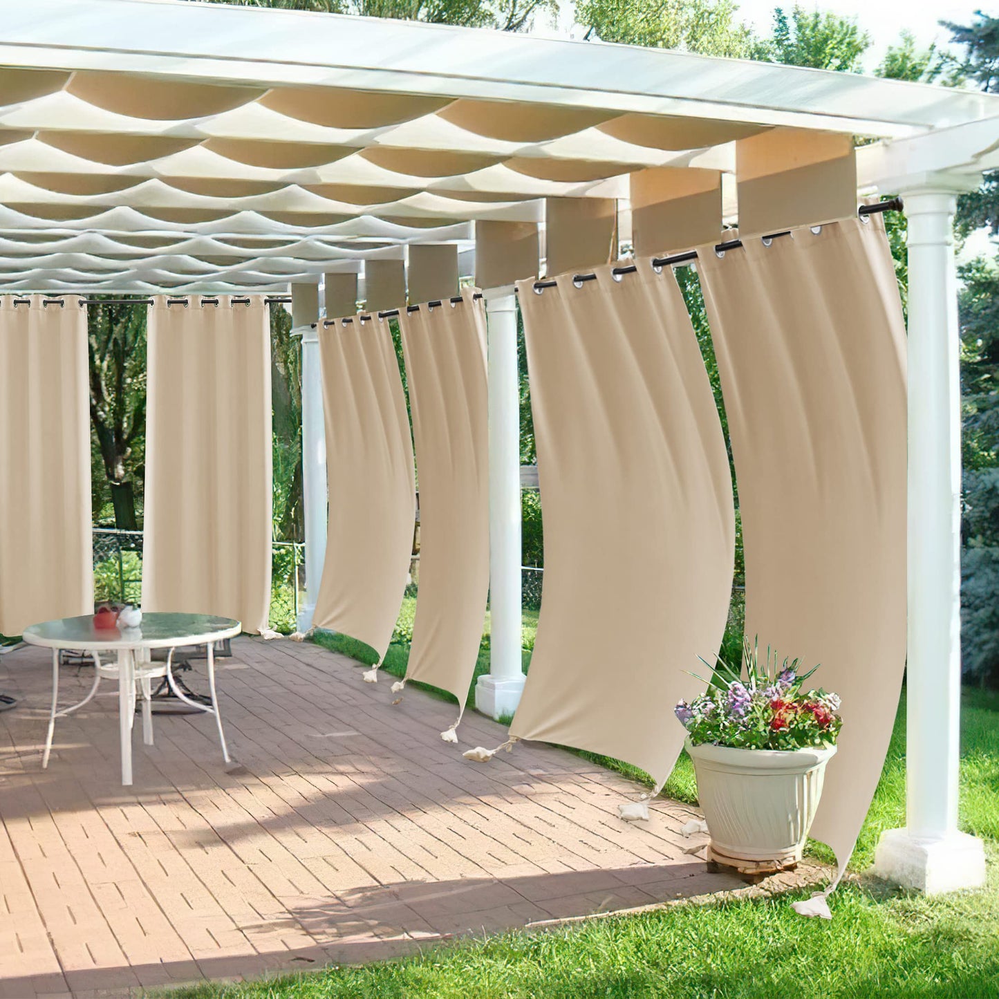 PONY DANCE Outdoor Gardinen Wasserdicht Pavillon & Terrasse Vorhänge mit Gewichteten Säcken Outdoorvorhang Wetterfest mit Ösen Outdoor Curtains, 2 Stücke H 213 x B 132 cm, Biscotti Beige