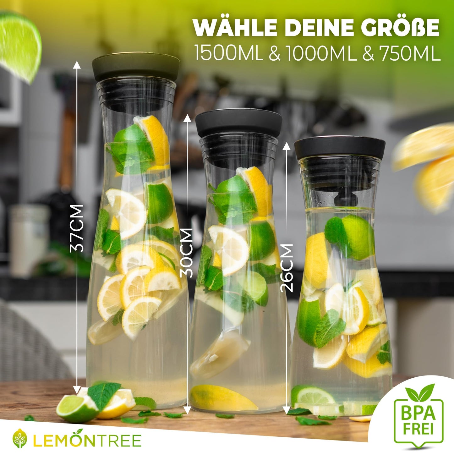 Lemontree Glaskaraffe mit Deckel & Fruchteinsatz 1,8l - Wasserkaraffe für kalte & heiße Getränke, Deckel mit Close Up-Verschluss, Karaffe aus Borosilikatglas
