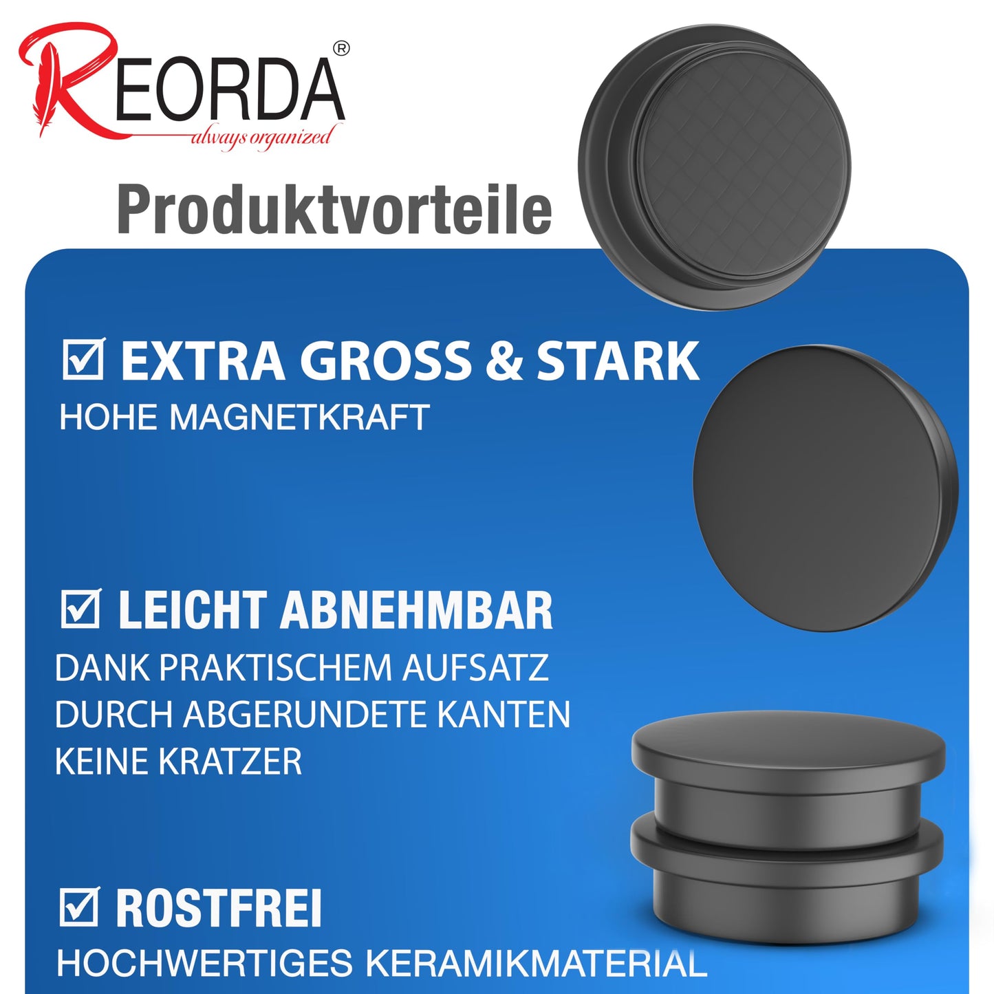 REORDA® Magnete für Magnettafel stark - 12x Starke Magnete für Whiteboard, Pinnwand, als Kühlschrank Magnete & Tafelmagnete stark haftend, Magnete rund - Schwarz
