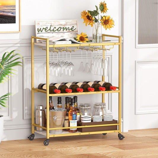 Lifewit Servierwagen, 3-stöckiger Barwagen mit blockierbaren Rädern, Weinregal und Glashaltern, Küchenwagen, Esszimmer, Wohnzimmer, 63,2 x 30 x 81,5 cm, Gold