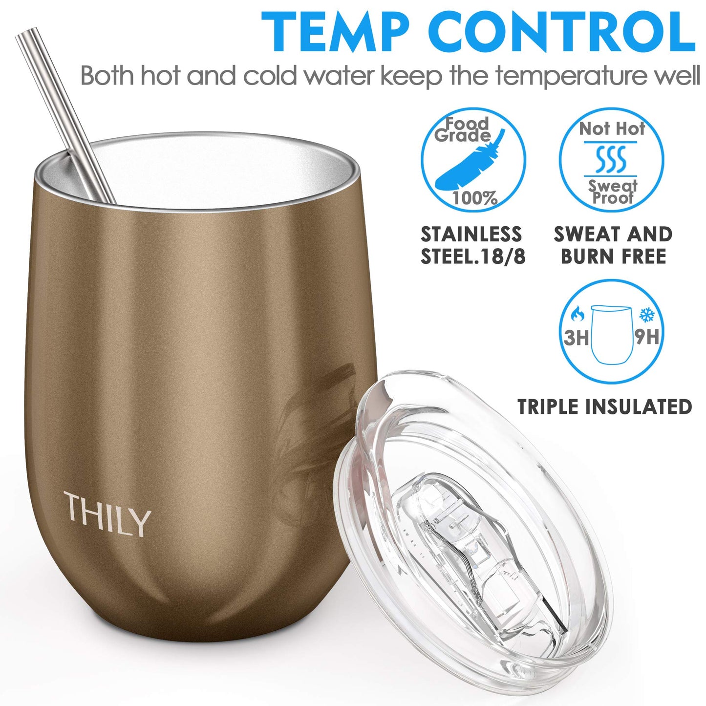 THILY Edelstahl-Weinglas 340 ml – Funkelndes Champagner, vakuumisoliert mit Deckel & Strohhalm