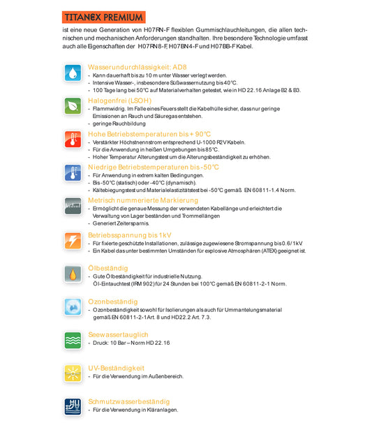 TITANEX PREMIUM H07RN-F 5x2,5mm² (5G2,5) schweres Gummikabel, Industriekabel, Baustellenkabel für den Außenbereich 5-50m inkl. 10 Aderendhülsen (5 Meter)