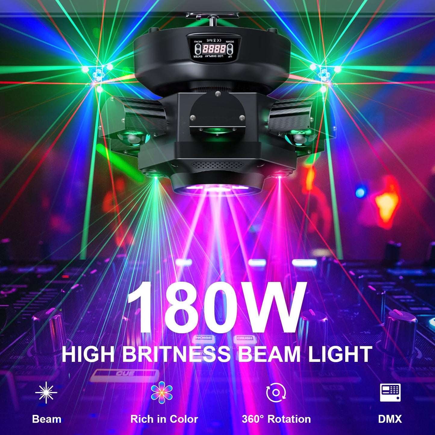 180W Moving Head LED RGBW Partylicht LED Strahler Bühnenlicht dmx512 Soundaktivierter Lichteffekt mit 6 Lichtarmen für DJ Bar Geburtstag Disco Hochzeit Scheinwerfer