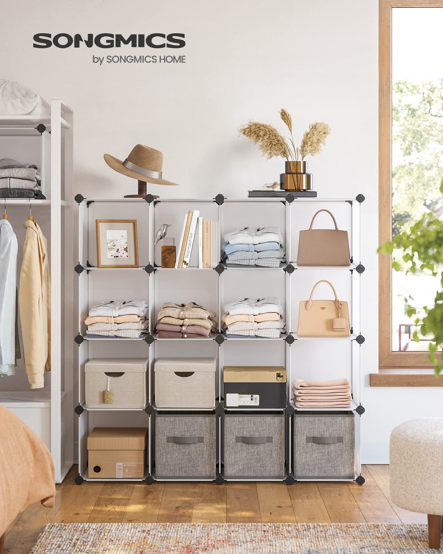 SONGMICS Schuhregal LPC44L – 16 Würfel, Weiß, modulares Steckregal aus Kunststoff, DIY Regalsystem als Schuhschrank, Raumteiler oder Aufbewahrungsregal