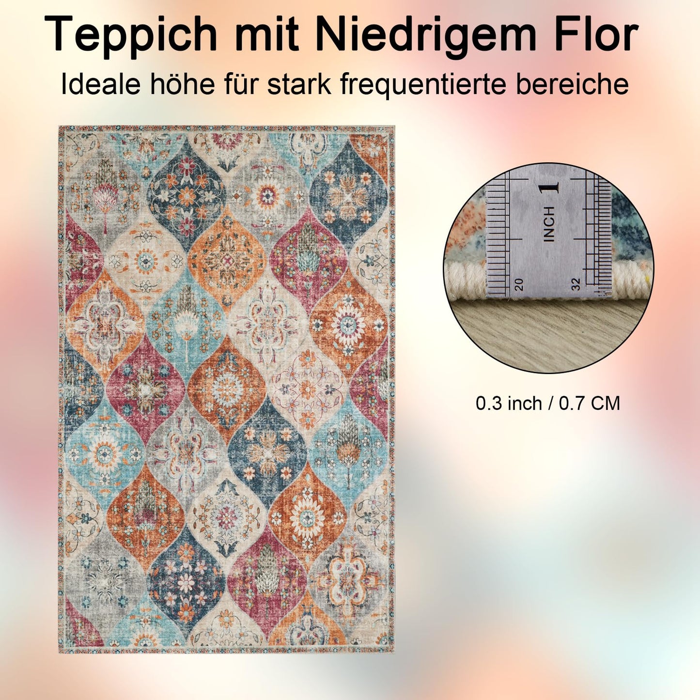 Xfrog Teppich Blumen Boho Rutschfester Waschbarer Teppich Klein Ultraweicher Antiker Teppich Wohnzimmer Niedriger Flor Flächenteppich für Wohnzimmer, Schlafzimmer, Kinderzimmer 80 x 150 cm