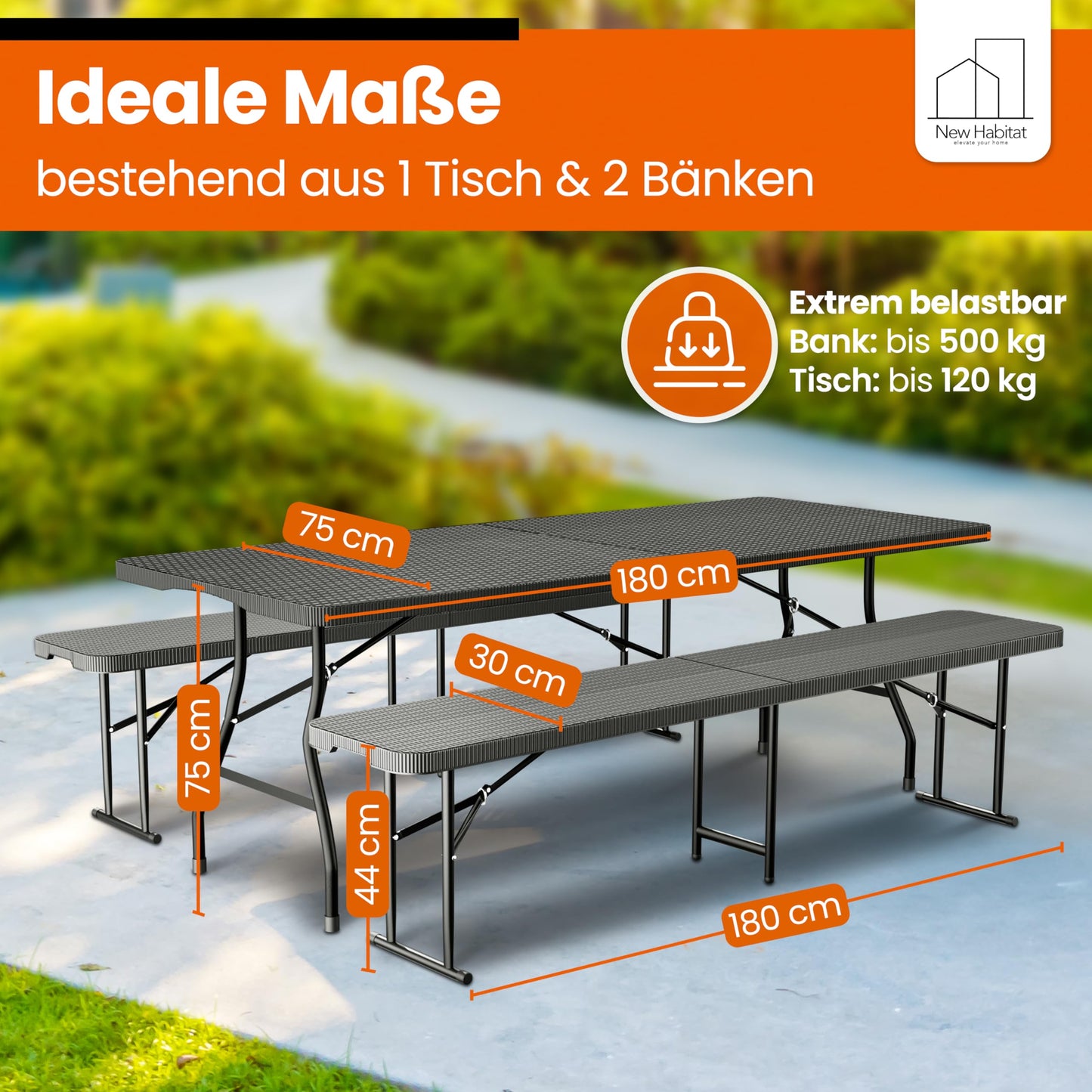 NewHabitat I Kunststoff Bierzeltgarnitur Klappbar I 3er Set, Tisch + 2 x Bank mit Tragegriffe, Biertischgarnitur, Festzeltgarnitur, Bierbank klappbar, HxBxT: 75x180x75 cm (Schwarz)
