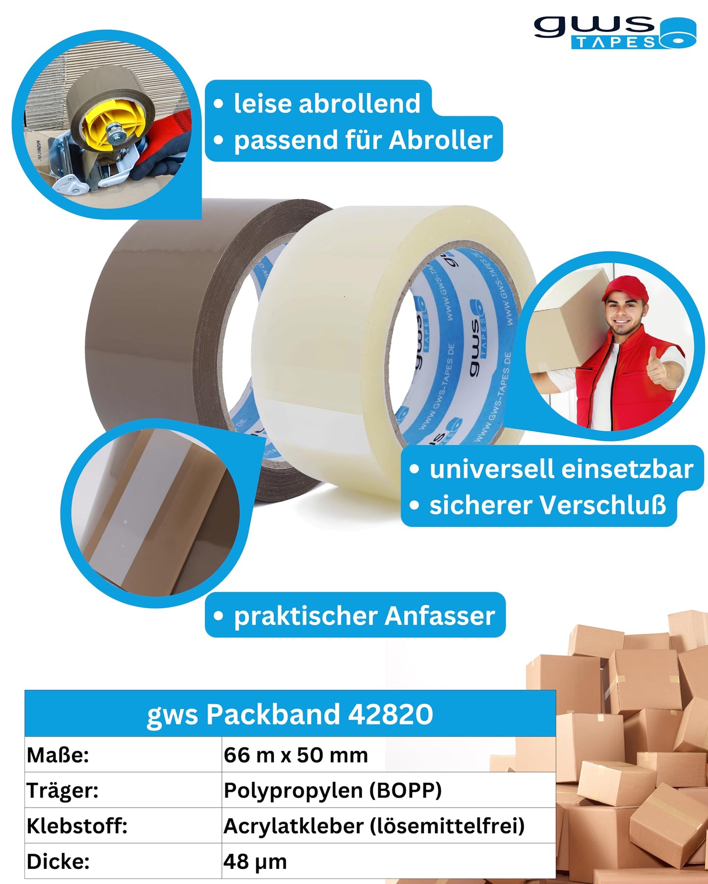 gws Paketklebeband 144 Rollen braun Geräuscharmes Universalklebeband zum Verpacken von Paketen - Hohe Klebekraft - Profi-Qualität 66 m Länge 50 mm Breite