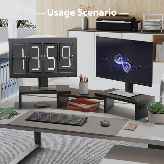 BONTEC Dual Monitor Stand Riser, Desktop Monitorständer mit Smartphone-Halter, Verstellbare Länge und Schwenkwinkel Holz Desktop Organizer, für PC Monitor Laptop Drucker