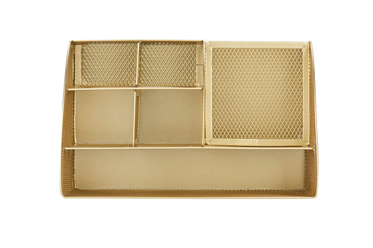 Annova Schreibtisch Organizer aus Metallgeflecht – 7 Fächer & Schublade – Büro Organizer für Stifte, Notizen & Zubehör – Gold – Modell AN348