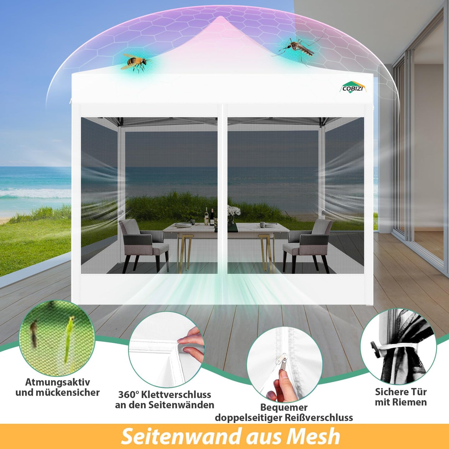 COBIZI Pavillon 3x3 Faltpavillon 3x3 Wasserdicht Stabil, Pop up Pavillon Faltbar, Partyzelt Gartenpavillon, Pavillion Klappbar 3x3 UV-Schutz mit 4 Seitenwänden aus Mesh, Weiß