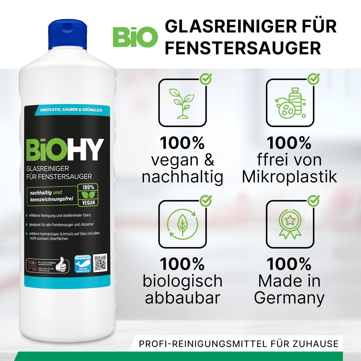 BiOHY Glasreiniger für Fenstersauger (1l Flasche) | Fensterreiniger Konzentrat für alle Fenstersauger | Bio Reinigungsmittel sorgt für streifenfreien Glanz | Glasreiniger | Fensterputzmittel
