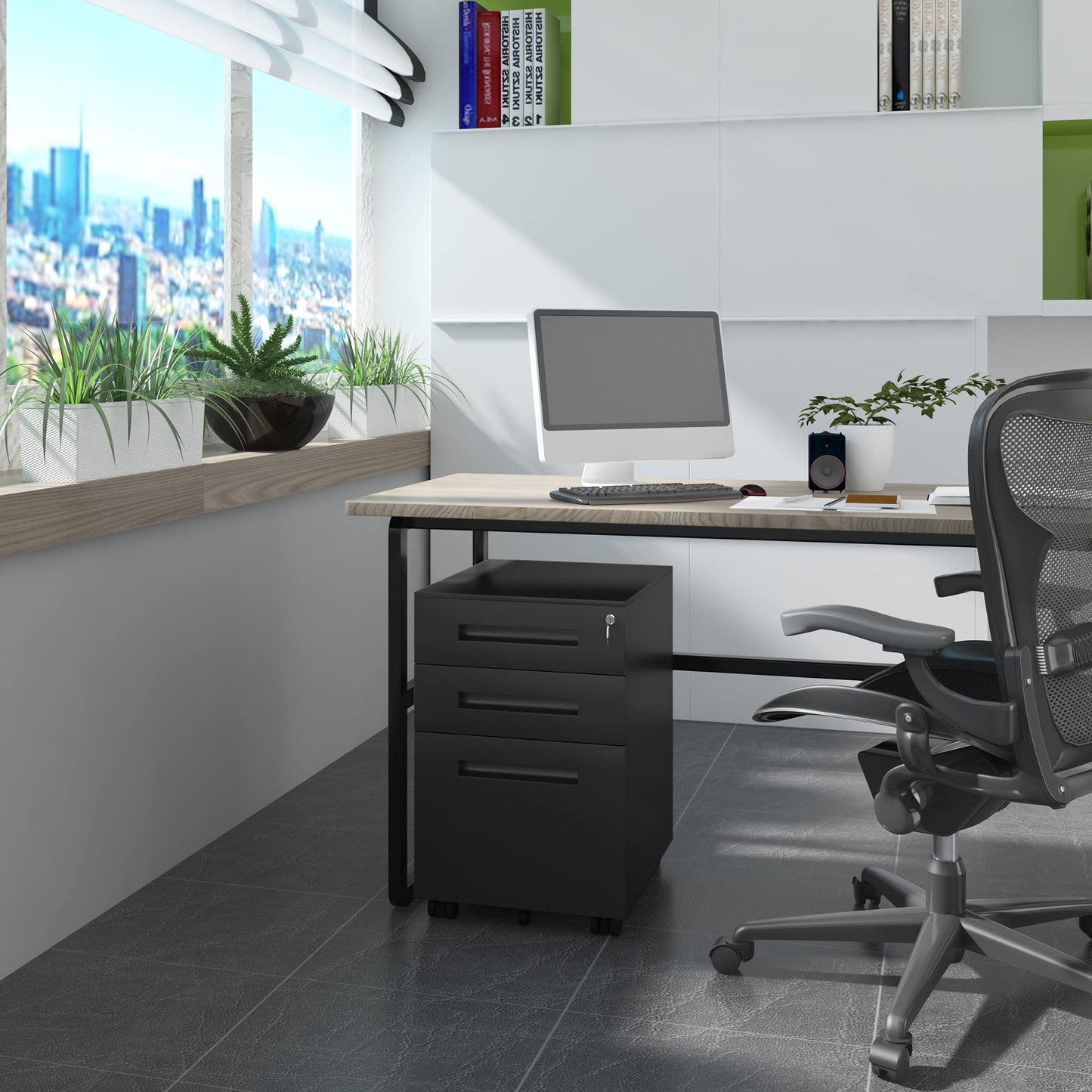 WOLTU Rollcontainer Metall, Mobiler Aktenschrank Büroschrank mit 3 Schubladen Bürocontainer, abschließbares und verstellbares Hängeregister, vormontiert, Büro, Home Office Schwarz SK023sz