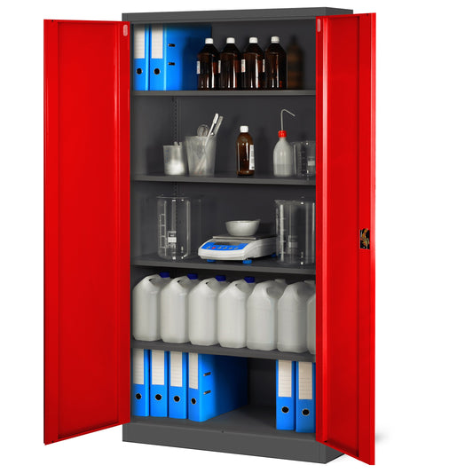 Jan Nowak Metallschrank Jan 185 x 90 x 40 cm – abschließbarer Metall Aktenschrank mit 2 Türen, 5 Ebenen, pulverbeschichtet, Anthrazit-Rot