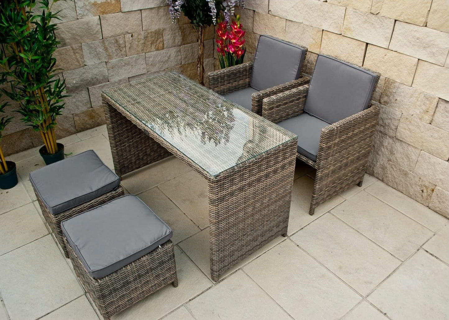 Ragnarök-Möbeldesign PolyRattan Gartenmöbel DEUTSCHE Familienbetrieb seit 1928 - EIGENE Produktion - 8 Jahre GARANTIE Garten Möbel Essgruppe Tisch Stühle Hocker Rundrattan Glas