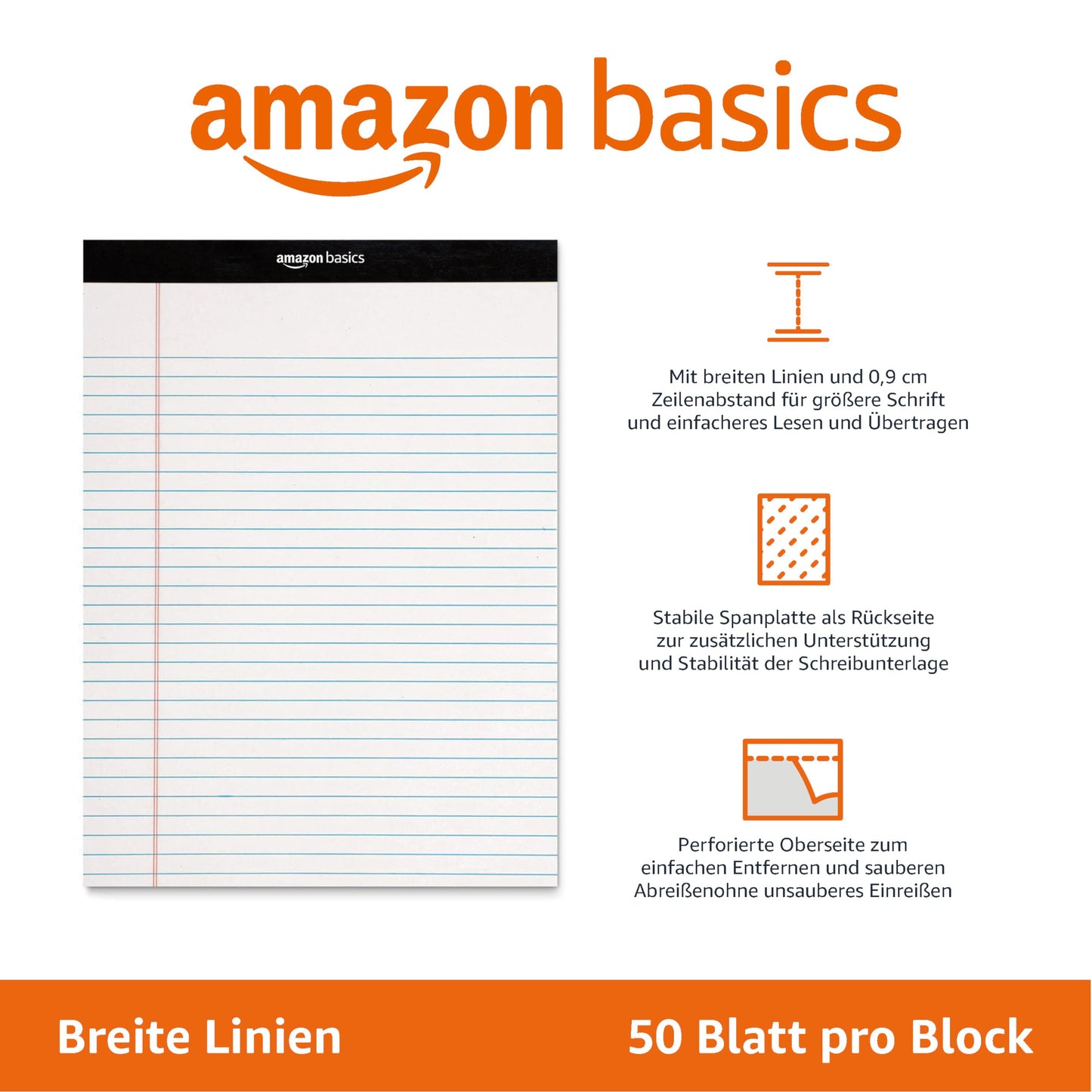 Amazon Basics Notizblöcke, liniert, 21.6 x 29.8 cm (Packung mit 12 Stück),50 Blatt pro Block, Letter, Weiß
