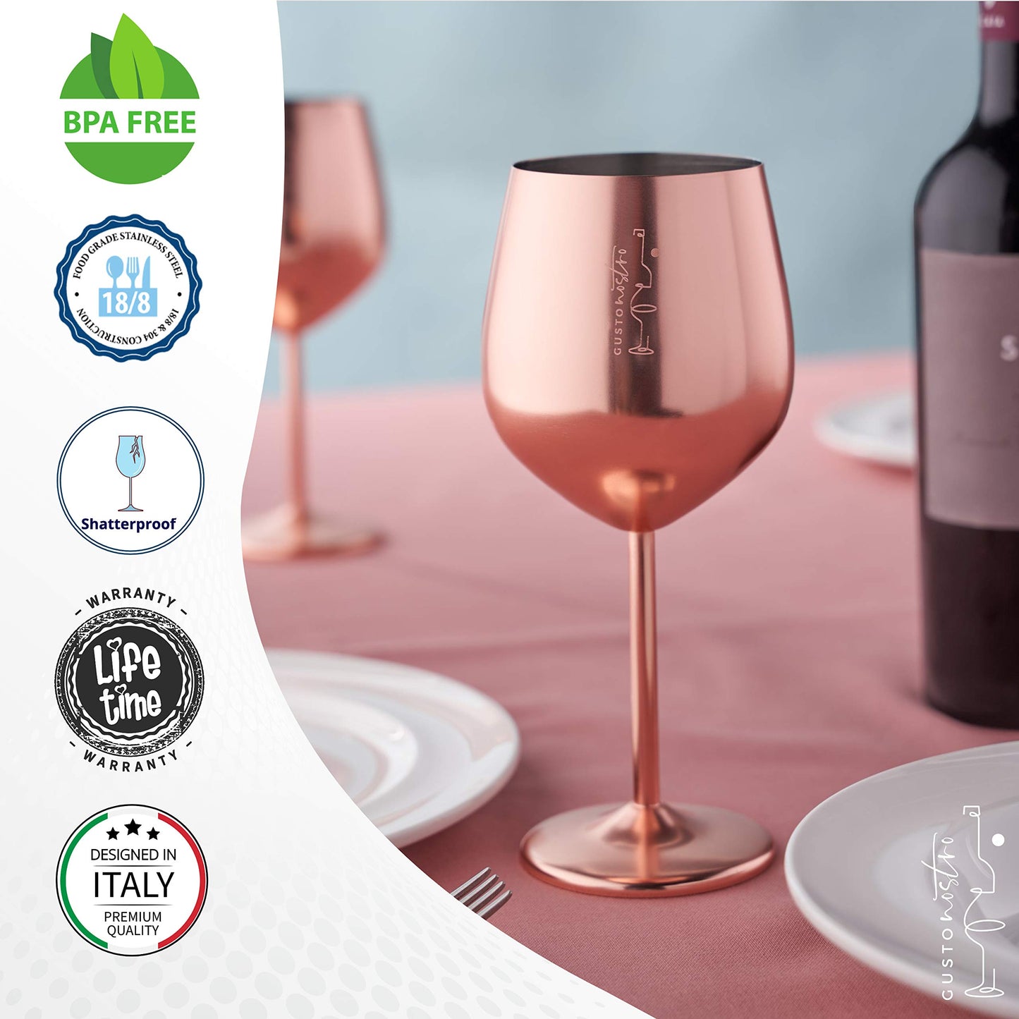 Weingläser mit Stiel aus Edelstahl - Unzerbrechliche Kelche mit 540 ml Fassungsvermögen für Poolpartys im Freien, Jubiläen - Elegantes Trinkgeschirr in Roségold für Champagner und Cocktails (2er Pack)