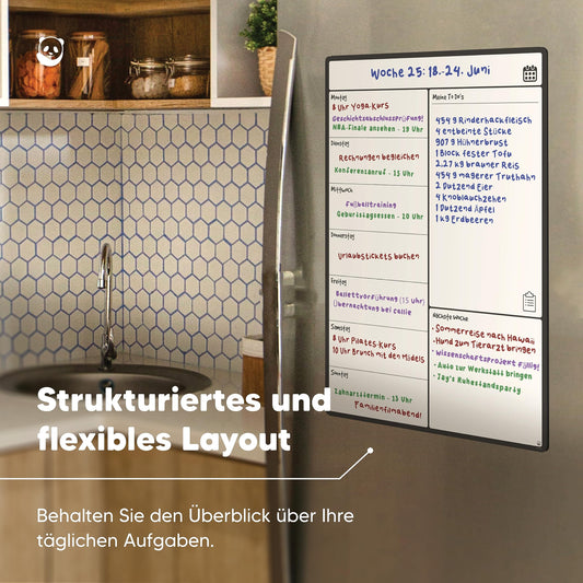 A3 Wochenplaner Abwischbar, Magnettafel Küche von SmartPanda - Wochenplaner Magnetisch, Magnettafel Kühlschrank und Whiteboard Wochenplaner - Magnetisches Whiteboard für Familie, auf Deutsch