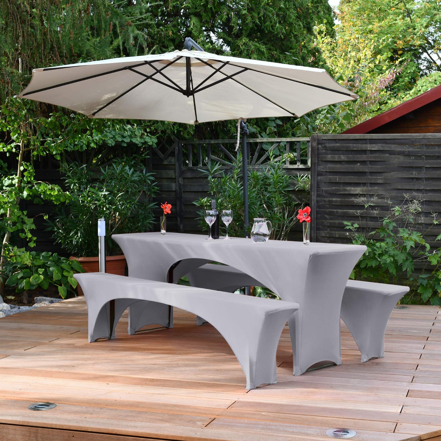 Beautissu Edles Strechhussen Set 3tlg. Victoria - Elastische Hussen für Bierzeltgarnitur 220x50 cm – Festliche Husse Biertisch + 2 Bierbank in Grau