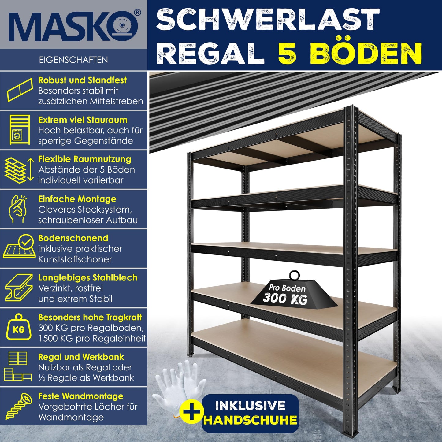 MASKO® Schwerlastregal 180x160x60 cm – 1500 kg belastbar, 5 verstellbare MDF-Böden, Metall-Steckregal in Schwarz für Werkstatt, Lager & Garage