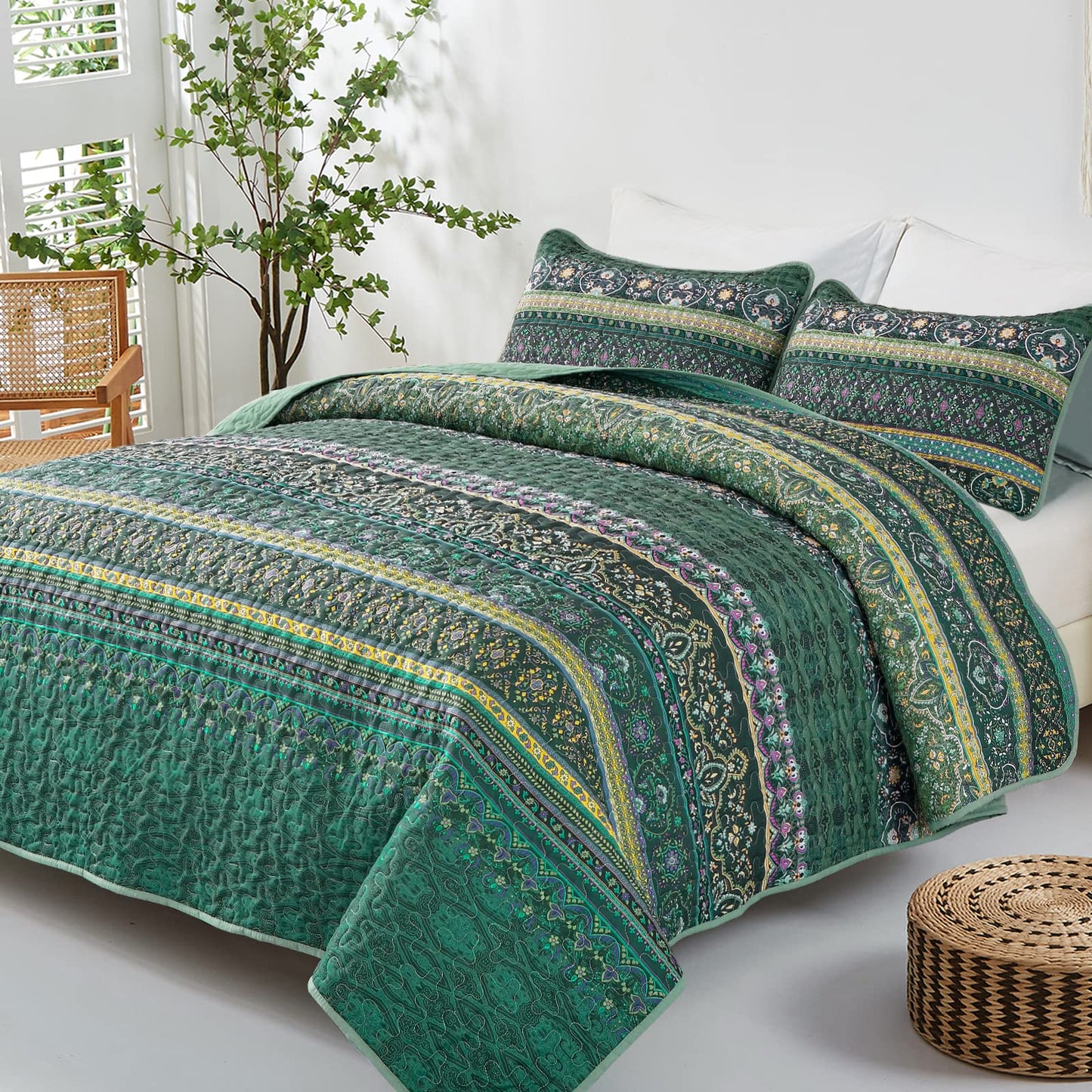 WONGS BEDDING Tagesdecke 220x240 Bettüberwurf Boho Decke Steppdecke 3 Teilig Doppelbett Gesteppt Bettdecke Mikrofaser Wohndecke mit 2 Kissenbezug 50x75 für Schlafzimmer als Sofaüberwurf (Grün)