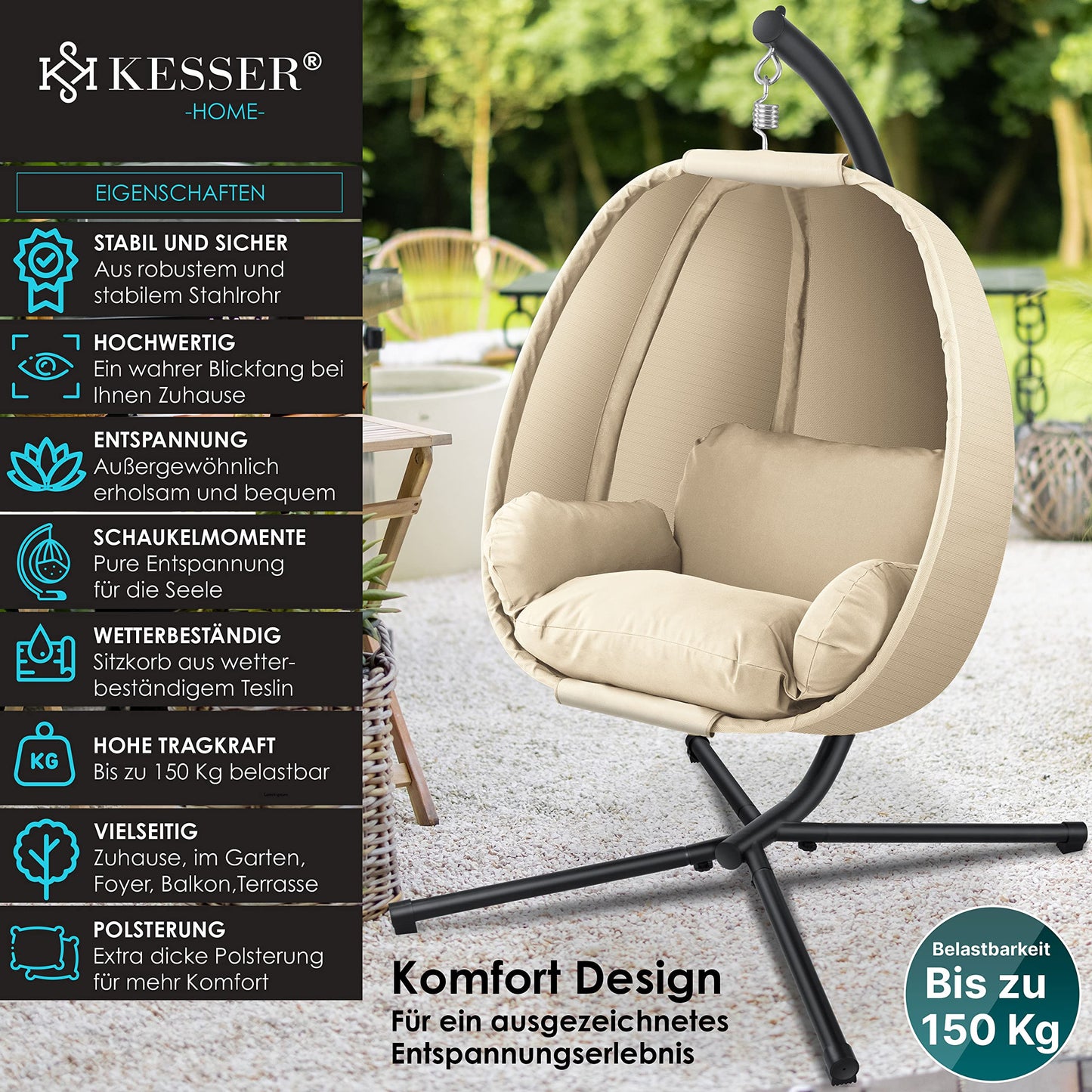 KESSER® Luxe Hängesessel mit Gestell + weicher Sitzkissen, Seitenpolsterung, Sitz- und Rückenkissen Hängekorb Indoor & Outdoor, Garten Schaukel Korb Hängestuhl Stabiler Standfuß, max. 150 kg Beige