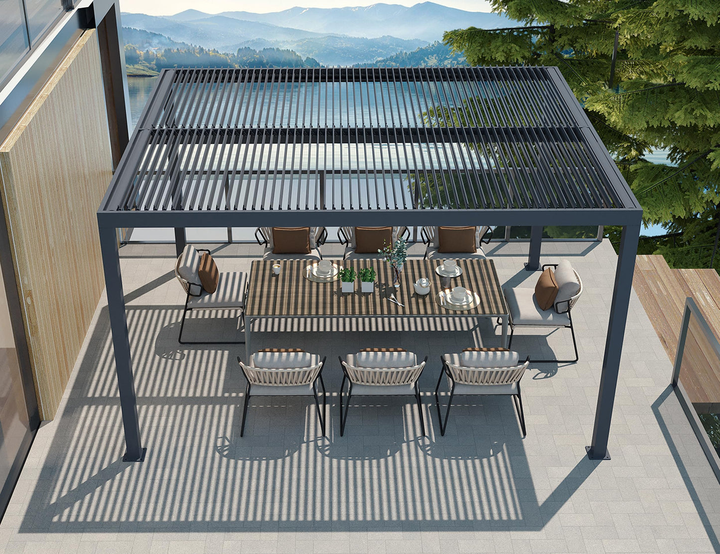 PURPLE LEAF Pavillon 3.65 x 4.25 m mit Lamellendach Freistehend Terrassenüberdachung Verstellbaren Aluminium-Lamellen Pergola Wasserdicht Stabil Winterfest, Grau