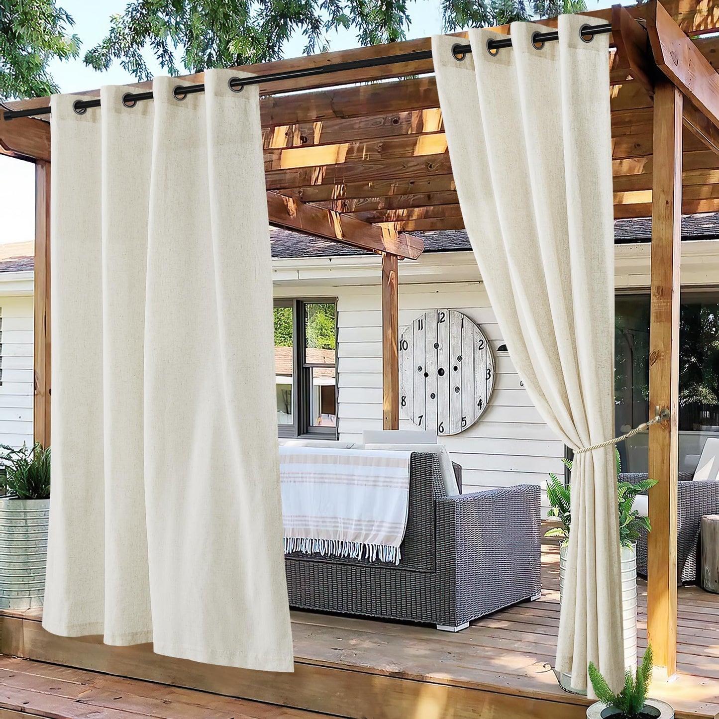 PONY DANCE Outdoor Vorhang mit Ösen 2er Set Terrasse Vorhänge Leinen Boho Outdoor Gardinen Beige Halbtransparent Outdoorvorhänge für Draußen & Pavillon, H 213 x B 140 cm