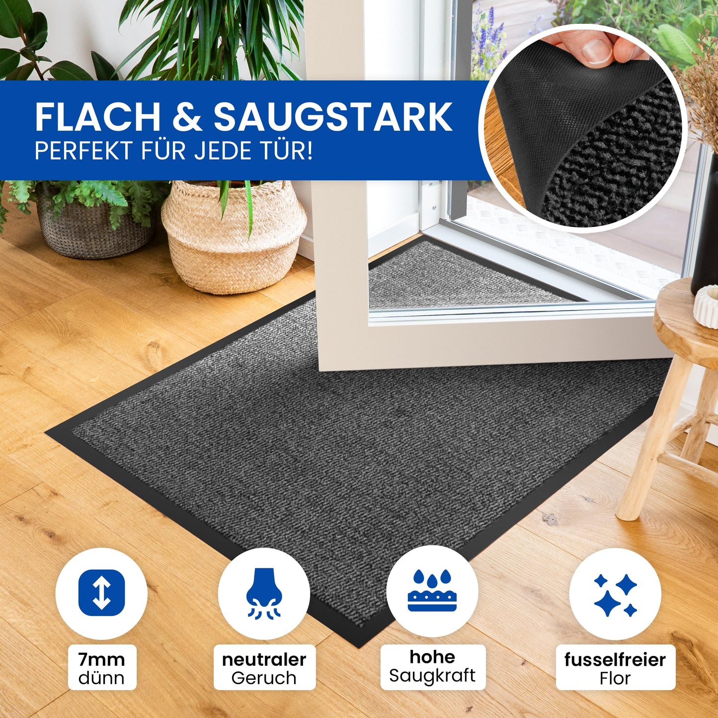 Gentle North Hochwertige Fußmatte grau schwarz 40x60cm groß für Innen & Außen - Schmutzfangmatte rutschfest, waschbar & wetterfest - für Eingangsbereich & Aussenbereich - Läufer Flur dünn