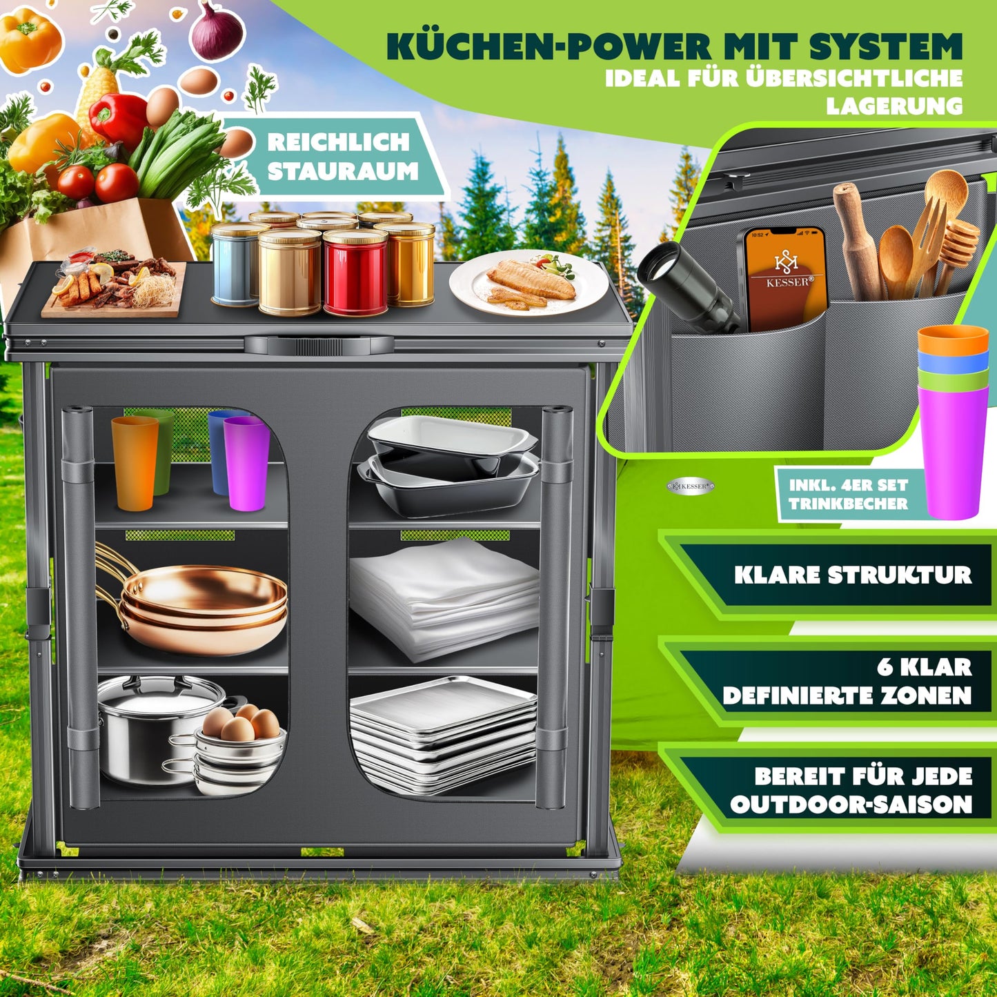 KESSER Faltbare Campingküche – 84 x 80 cm mit Aluminiumgestell, 6 Fächern & Trinkbecherset