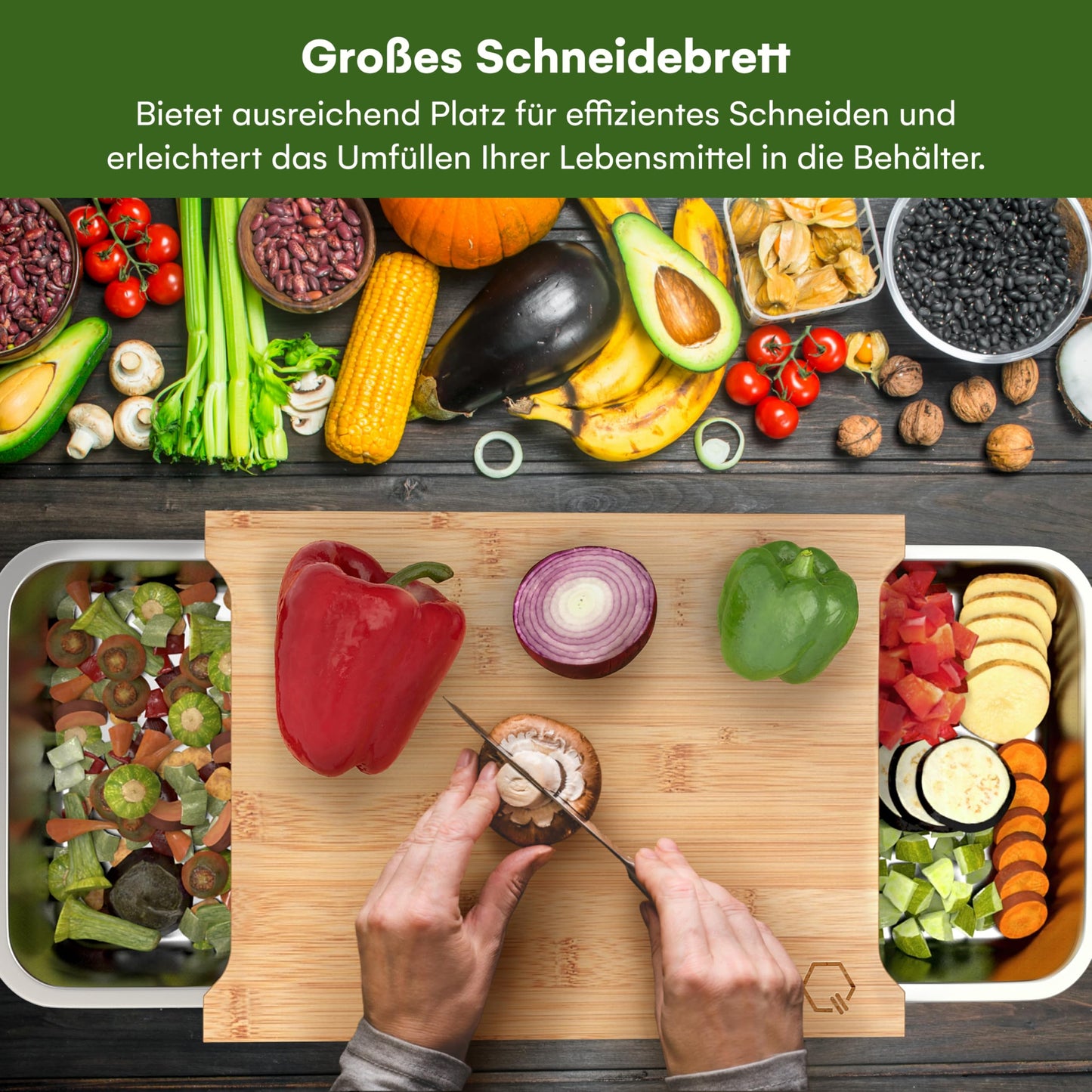 Liebspecht Bambus Schneidebrett Set mit 3 Auffangschalen, Extra Groß - Bambus Schneidebrett mit Auffangschale, Verbesserte Version - Schneidbrett mit Auffangschale