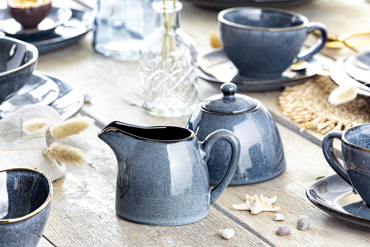 Sänger | Milch und Zucker Set Darwin 3 TLG, Zuckerdose und Milchkännchen Set Steingut, Zuckerdose mit Deckel und Milchkanne, Milchbehälter und Zuckerdosierer, Zuckerbehälter Blau | Premium Collection