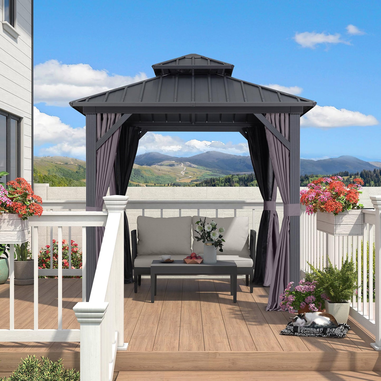 PURPLE LEAF Gartenpavillon 2.4 x 2.4 m Festem Dach, Basisch Pavillon Wasserdicht Stabil Winterfest Stahldach Hardtop Pavillon mit Seitenteilen Alu Pavillon für Grillpavillon, Grau