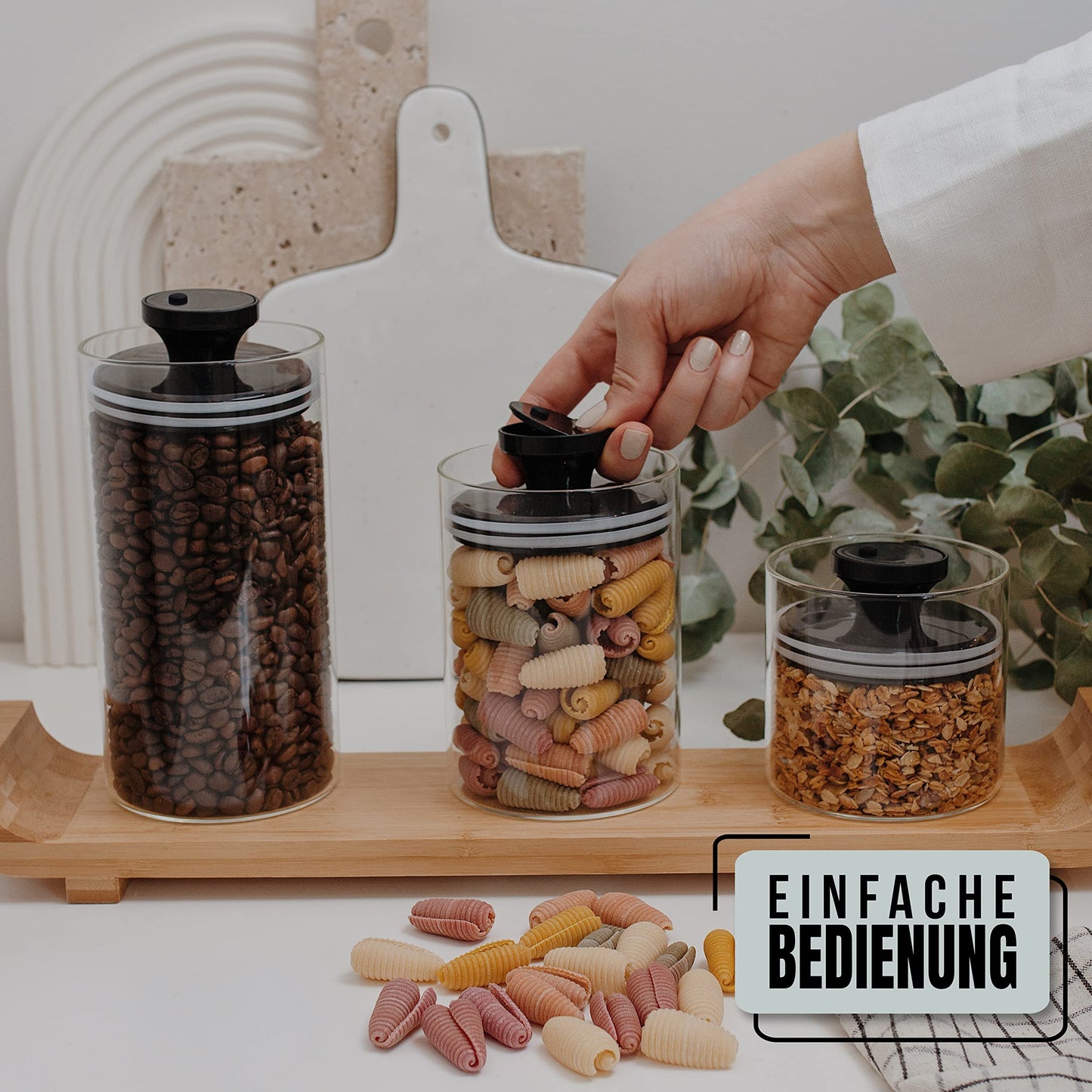 Vorratsgläser mit Vakuumdeckel, Luftdichte Aufbewahrung, Vorratsdose mit Deckel, mottensichere Gläser, Kaffeedose aus Glas, BPA-frei, Borosilikatglas Behälter, nachhaltige Aufbewahrung (3-er Set)