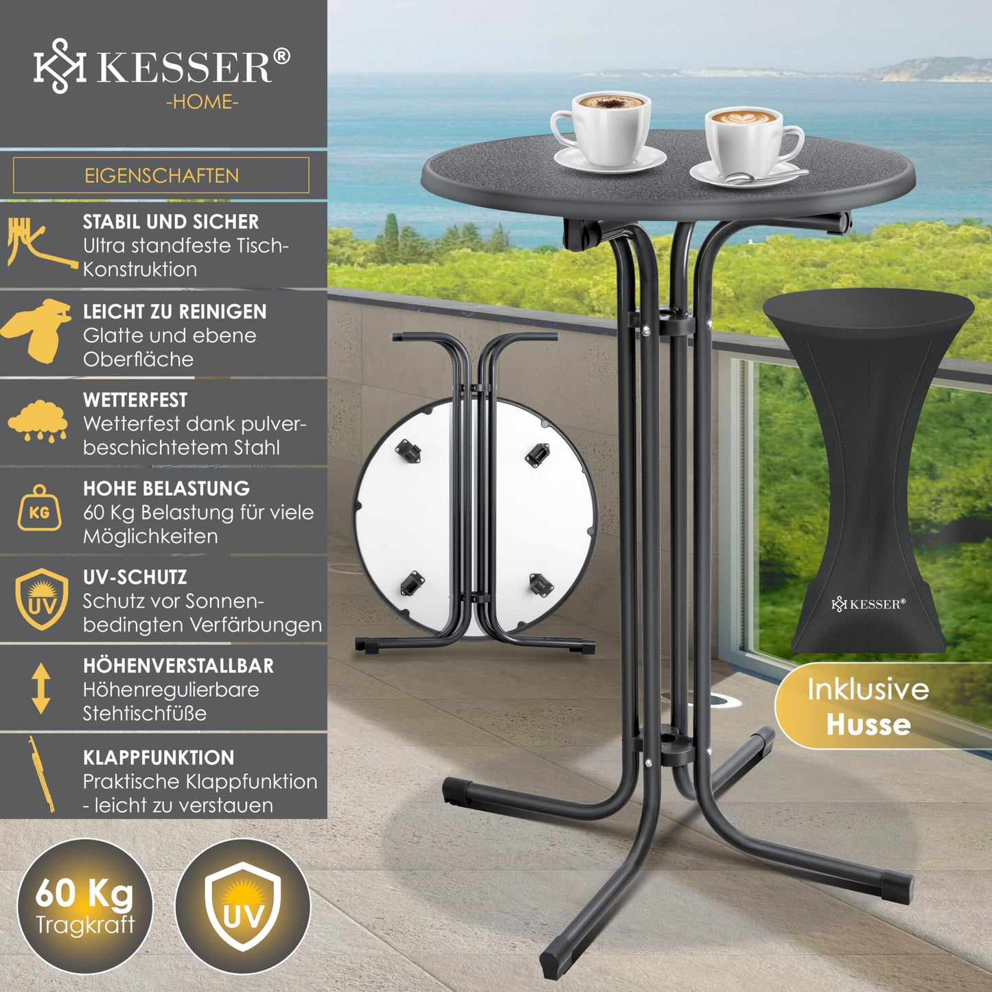 KESSER® Gastro Stehtisch klappbar Bistrotisch | Pulverbeschichtete Edelstahlplatte | höhenverstellbare Füße | Partytisch Tisch Ø 70cm | In- & Outdoor | Empfangstisch | Klapptisch inkl. Husse Schwarz