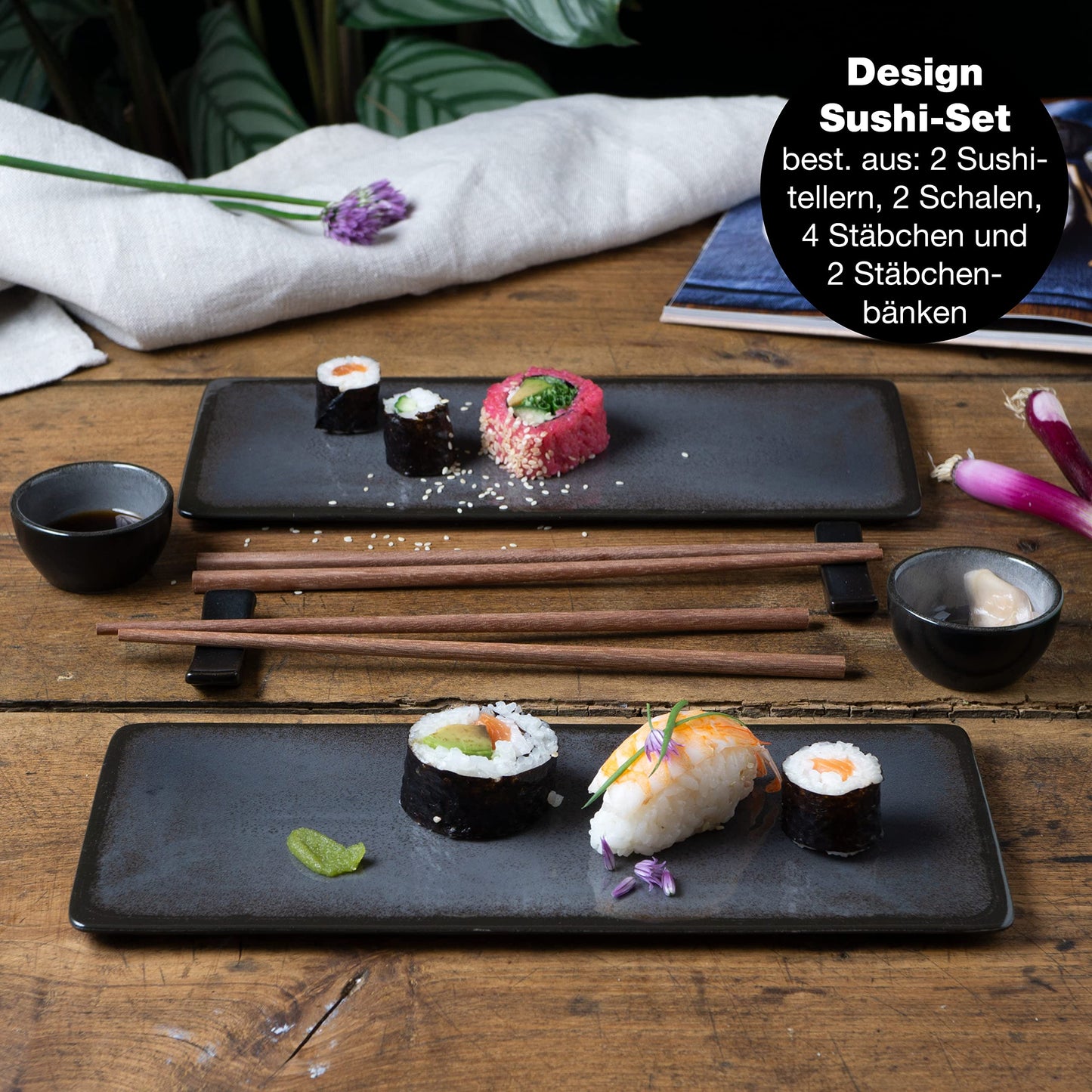 Moritz & Moritz VIDA 10-tlg. Sushi Geschirr Set für 2 Personen - Sushi Servierset mit 2x Sushi-Teller, Dip-Schälchen und Stäbchen