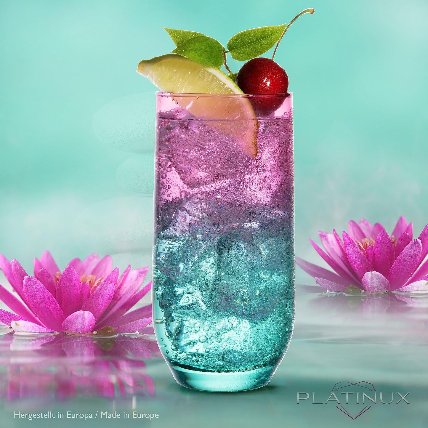 PLATINUX Trinkgläser Rosa-Türkis aus Glas Bunt 360ml (max. 440ml) Set 6 Stück Wassergläser Saftgläser Longdrinkgläser