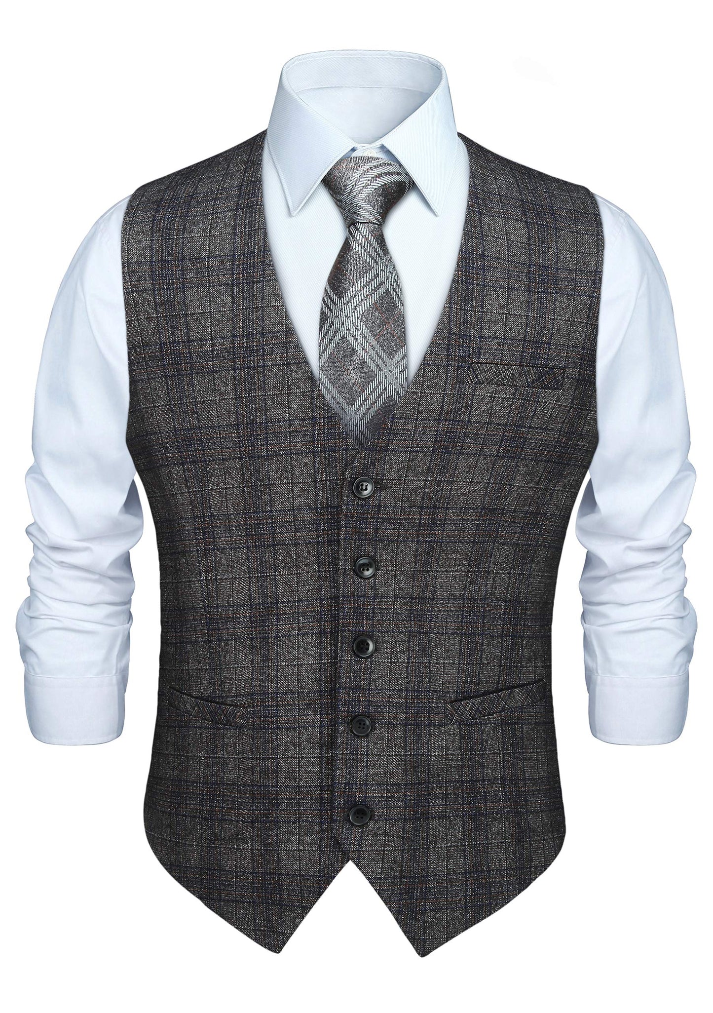 HISDERN Herren Karierte Weste formale klassische Weste Baumwolle Hochzeit Hahnentritt Anzug Westen Grau L