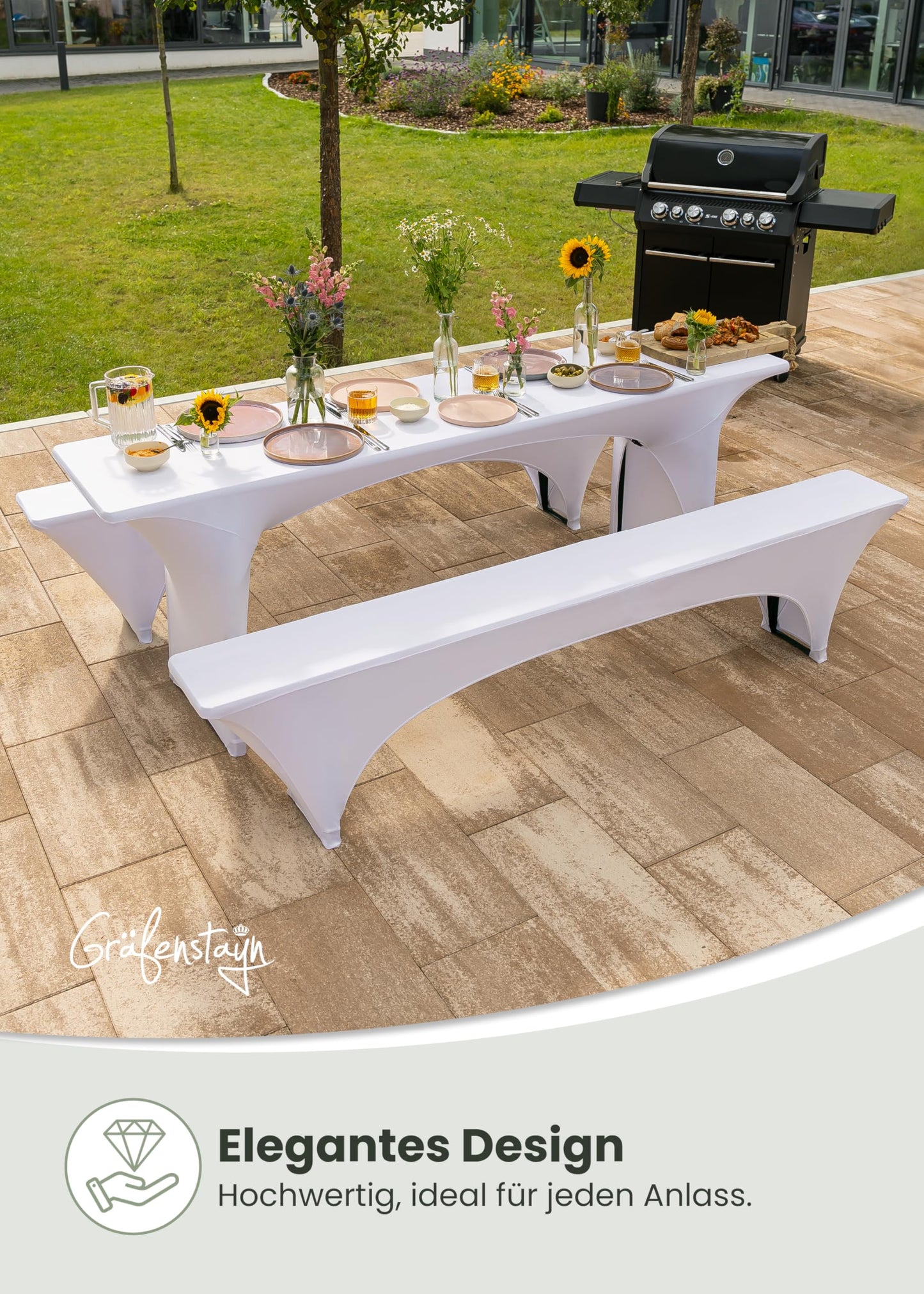 Gräfenstayn® Leopold Stretch - Biertischhussen-Set 3 tlg für Bierzeltgarnitur - 50cm oder 70cm Tischbreite - mit Öko-Tex Siegel Standard 100 : "Geprüftes Vertrauen" 30560 (Weiß, 50x220cm)