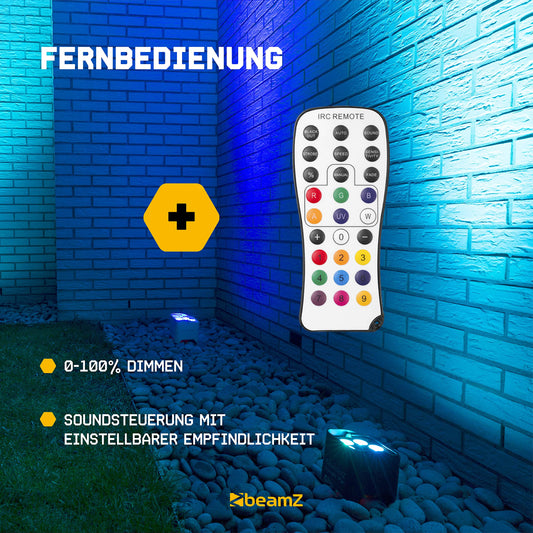 Beamz BBP90 Uplight LED Par Strahler 4x 4 Watt, Bühnenbeleuchtung 4er Set für DJ Pult, Bühnenlicht, DMX-LAN, Partylicht Musikgesteuert, Bühnenequipment, mit Fernbedienung