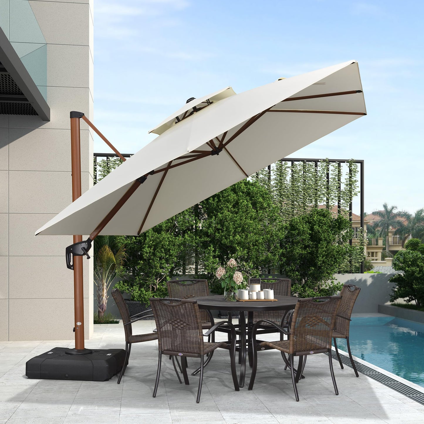PURPLE LEAF Alu Holzoptik Sonnenschirm Groß Ampelschirm 300 x 300 cm mit Schirmständer Gartenschirm 360° Drehbar, Marktschirm mit Kurbel Doppeldach, XXL, Sonnenschutz UV50+, Cream