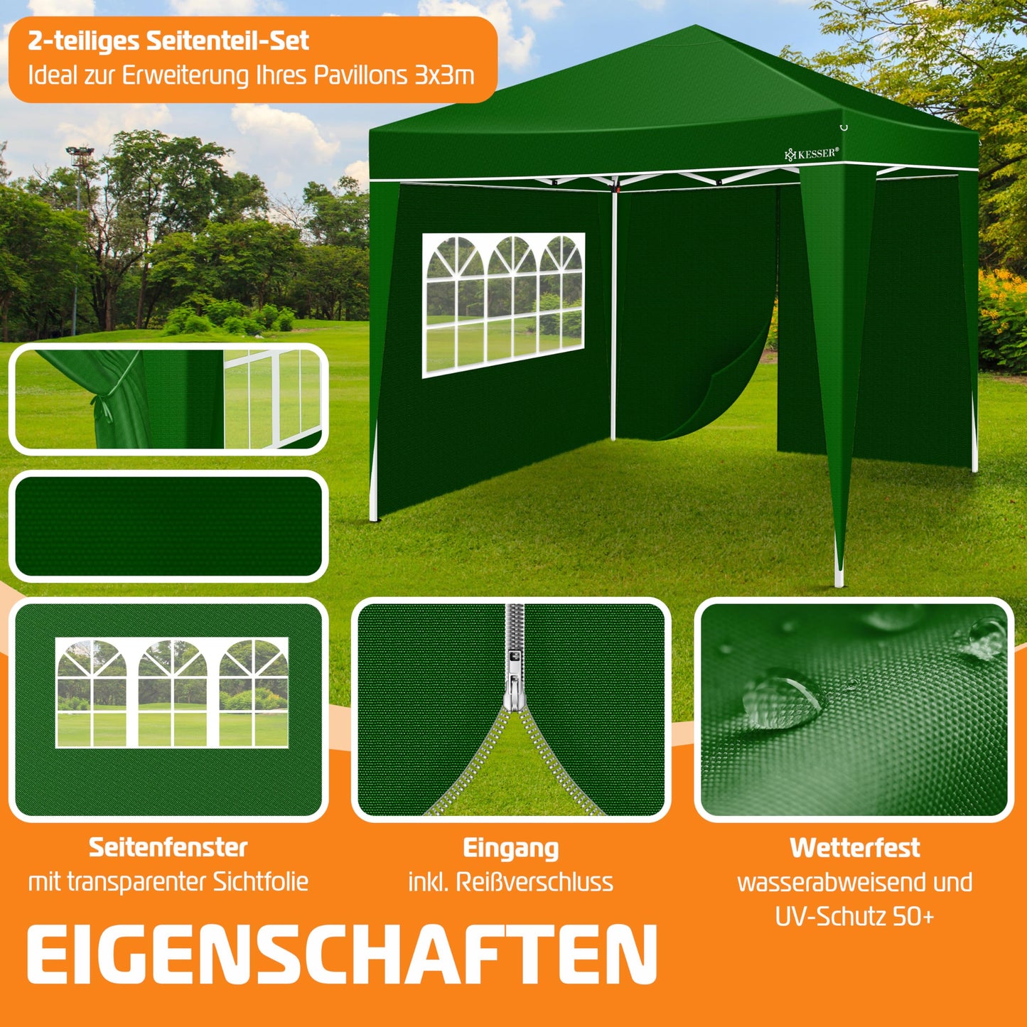 KESSER® 2X Seitenwand für Pavillon 3x3m - Faltpavillon Pop Up | klappbar | platzsparend | verstaubar, Grün