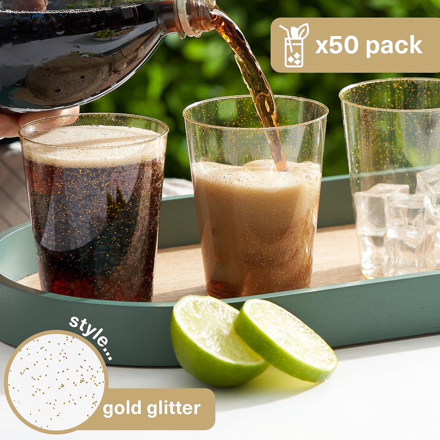 MATANA 50 Premium Plastikbecher, Partybecher, Trinkbecher mit Goldglitter (285ml / 10oz) - Hartplastik Becher, Kunststoffbecher, Mehrwegbecher, Cocktailgläser, Plastikgläser für Hochzeiten & Partys
