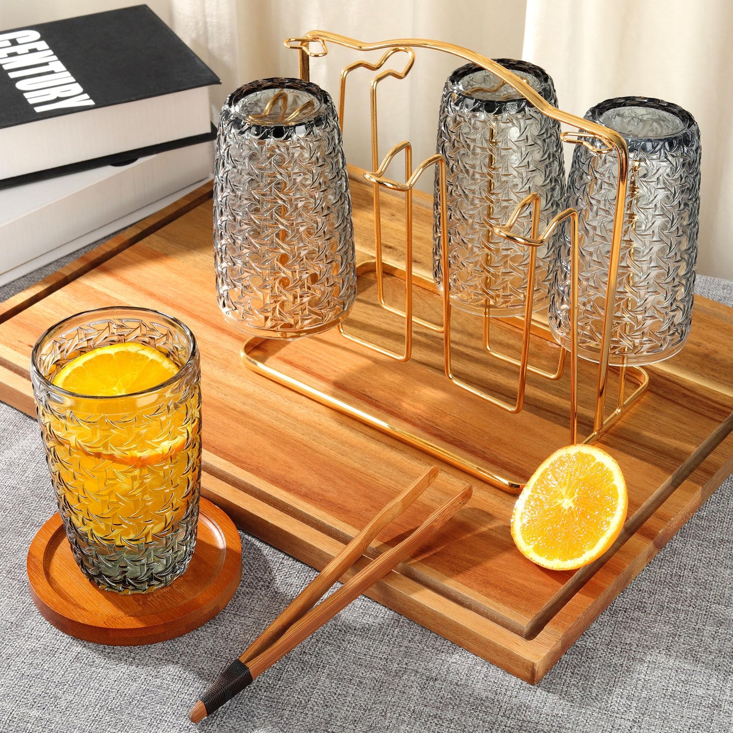 Joeyan 380ml Grau Wassergläser mit Geprägtem Design,Vintage Trinkgläser Longdrinkgläser,Bunt Wassergläser mit Geometrisches Textur,4er Set,Spülmaschinenfest