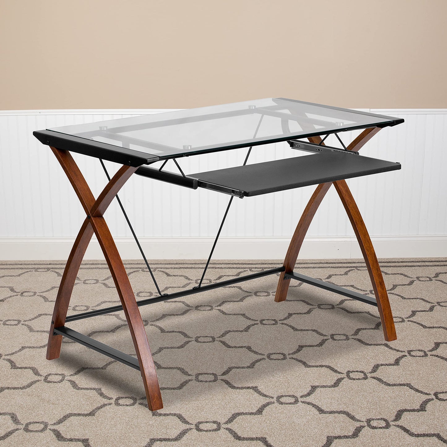 Flash Furniture Schreibtisch mit Glasplatte & Kirschholzgestell, 99×59×73 cm